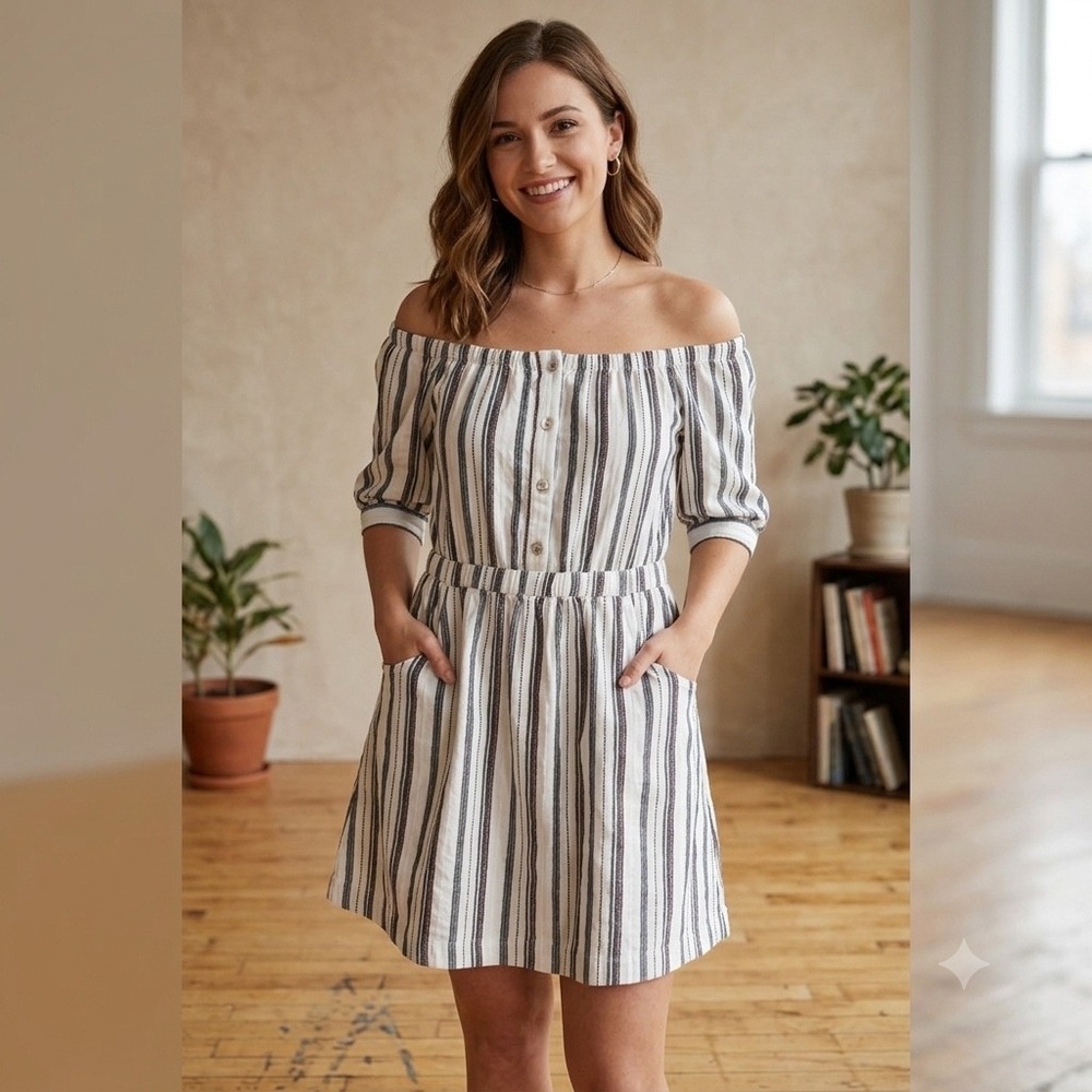 Wrangler Retro Womens Size Large Striped Dress Off Shoulder Cottagecore Boho
